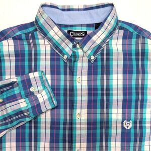 Chaps Stretch Easy Care Mens Button Down Shirt - XL Blue White Plaid